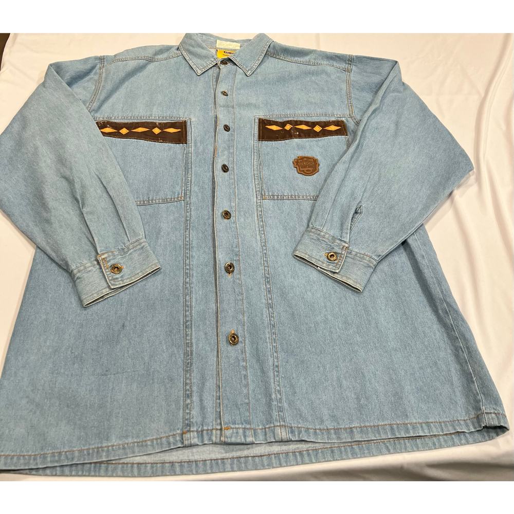 Western Denim Shirt Leather Embroidery Design Retro Style Vintage button up